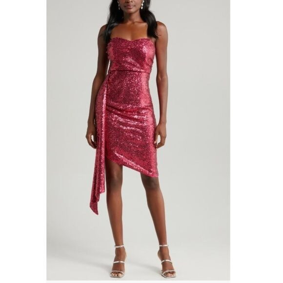 Jewel Badgley Mischka Strapless Asymmetrical Sequined Dress in Pink Size 12 - Picture 1 of 13